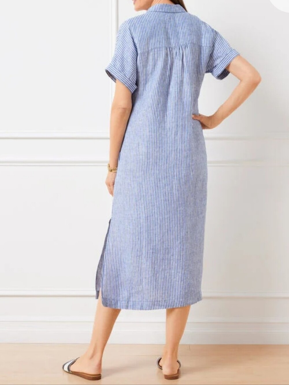 Talbots Petite Drop Waist 100% Linen Stripe Shirt Dress Blue White - Picture 10 of 17